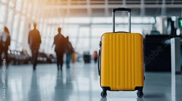 Obraz A yellow suitcase stands in the center of a modern airport terminal with blurred travelers and large windows in the background.