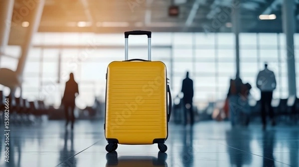 Obraz A yellow suitcase stands in the center of a modern airport terminal with blurred travelers and large windows in the background.