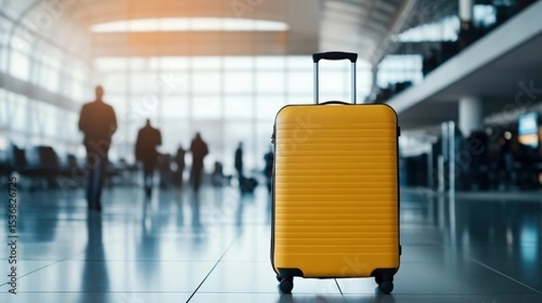 Obraz A bright yellow suitcase stands alone in a spacious, modern airport terminal with blurred travelers walking in the background.