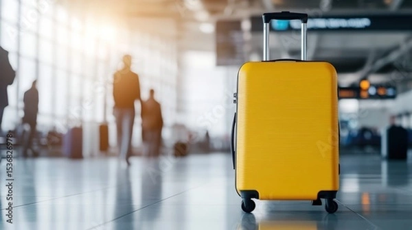 Obraz A bright yellow suitcase stands in focus inside an airport terminal with blurred travelers and sunlight in the background.