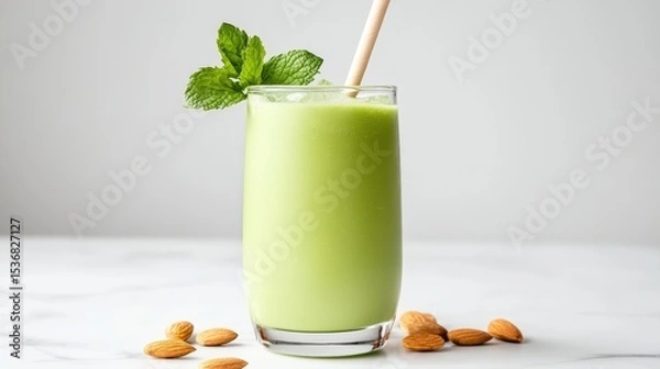 Obraz A refreshing green smoothie garnished with mint leaves in a clear glass with almonds scattered around on a white surface.