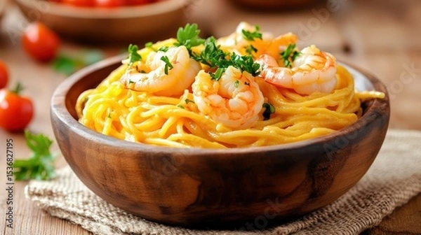 Obraz A wooden bowl filled with creamy shrimp pasta garnished with fresh herbs, set on a rustic woven mat with cherry tomatoes and parsley in the background.