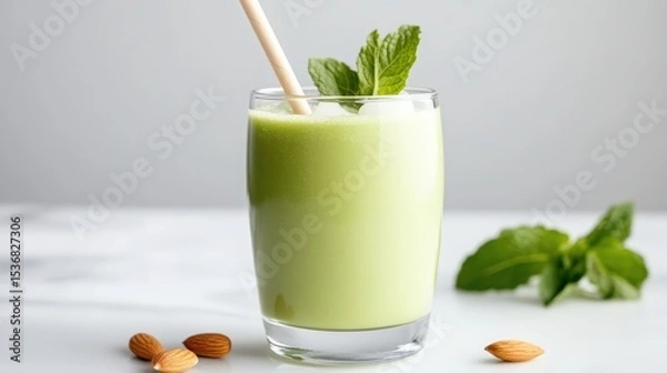 Obraz A refreshing green smoothie garnished with mint leaves in a clear glass with almonds scattered around on a white surface.