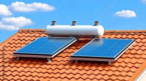 Obraz Solar water heater panels installed on a terracotta tiled roof under a bright blue sky with scattered clouds.