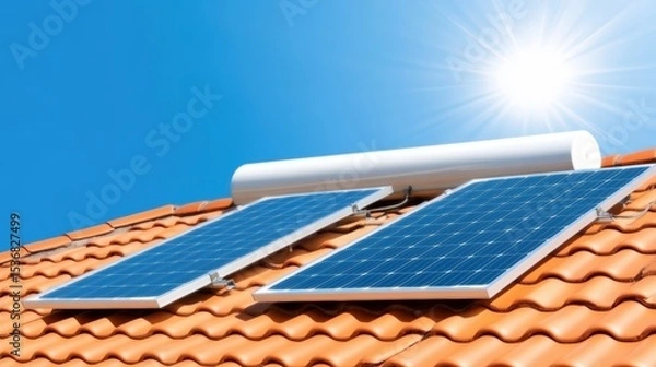 Obraz Solar panels installed on a terracotta roof with a solar water heater under bright sunlight and a clear blue sky.