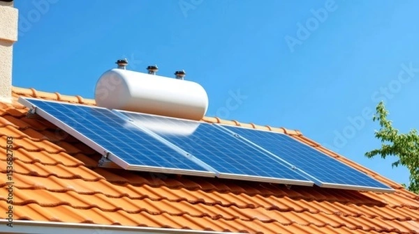 Obraz Solar panels installed on an orange-tiled rooftop with a water heater tank under a clear blue sky.
