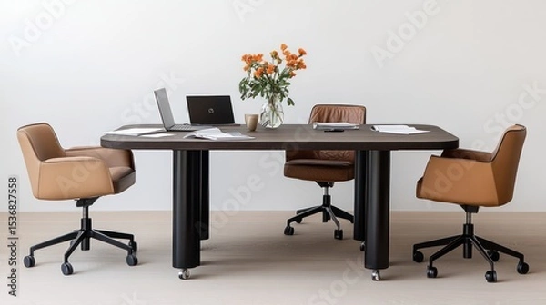 Fototapeta Modern conference table with chairs.  Light beige chairs, dark brown table with black supports, and a vase of orange flowers on the table.  Two laptops, papers, and a cup.  Neutral backdrop