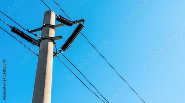 Obraz A concrete electric utility pole with insulators and wires set against a clear blue sky.