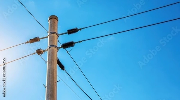 Obraz A utility pole with multiple power lines against a clear blue sky on a sunny day.