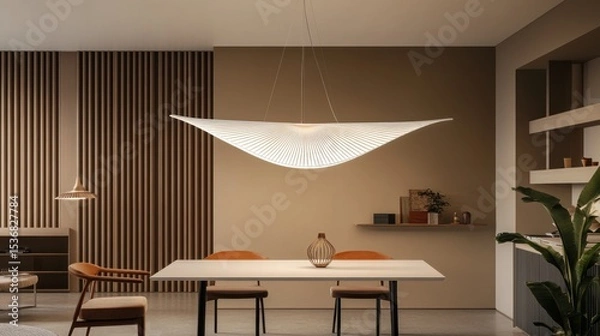 Obraz Modern dining area with a unique pendant light fixture.