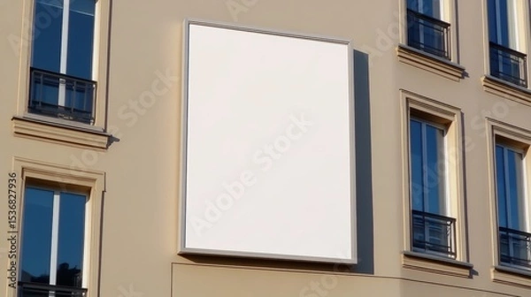 Obraz A blank white square billboard mounted on the exterior wall of a beige building between windows with black railings.