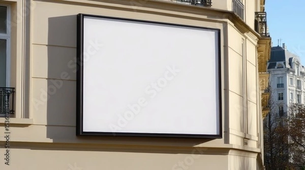 Obraz A large blank billboard is mounted on the corner of a beige building in an urban area with clear skies.