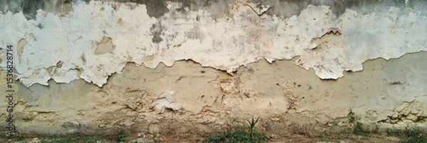 Obraz A weathered, peeling plaster wall revealing rough textures and cracks, with patches of dirt and small grass growing at the base.