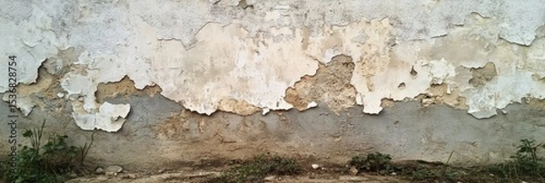 Fototapeta A weathered wall with peeling paint reveals multiple layers, showing signs of age and decay above a narrow strip of soil with sparse grass.