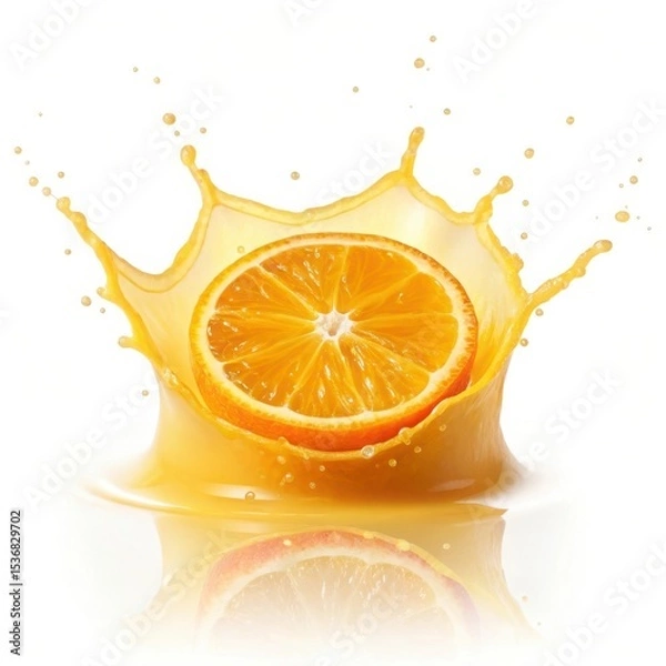Fototapeta Refreshing orange juice splash with sliced orange and white background