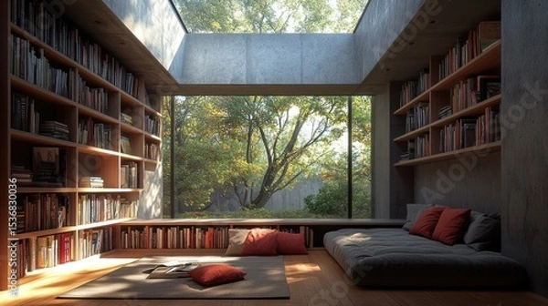 Fototapeta Modern library with a serene garden view
