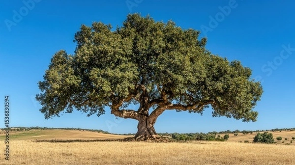Obraz Majestic oak tree stands tall in a golden field.