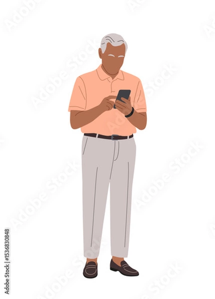 Fototapeta Vector illustration of senior man with gray hair in smart casual summer outfit, standing full length and using smartphone, isolated on transparent background. Perfect for lifestyle and tech themes