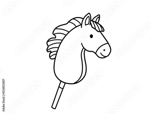 Fototapeta Hobby horse drawing. It is a black and white outline image of a hobby horse, a classic children's toy with a horse head on a stick. Vector sketch line art draw.