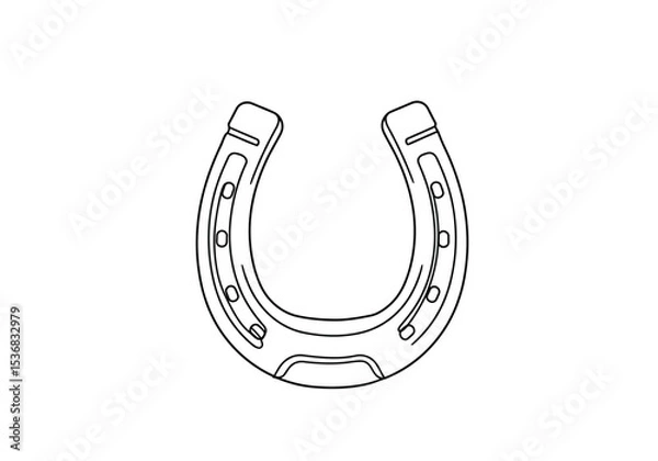 Fototapeta Horse shoe drawing. It is a black and white outline image of a horseshoe, a traditional symbol of luck and protection for horses. Vector sketch line art draw.