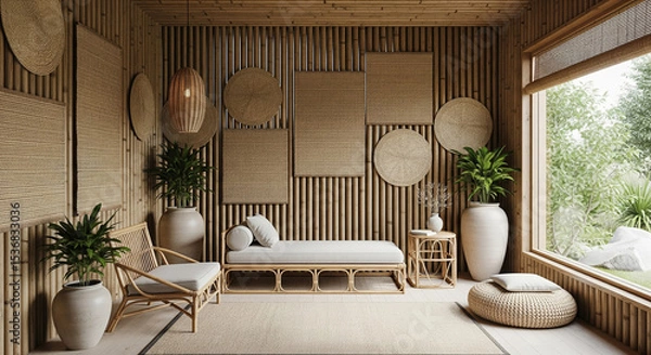 Fototapeta Serene bamboo interior sanctuary with woven textures and natural light streaming through windows