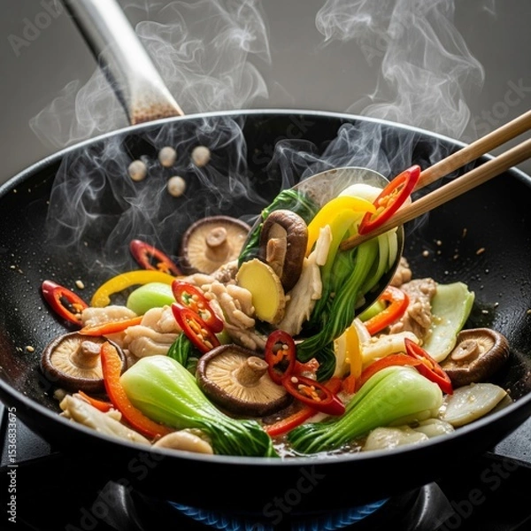 Fototapeta Sizzling Wok Stir Fry with Fresh Vegetables and Mushrooms Creating Dramatic Steam Clouds