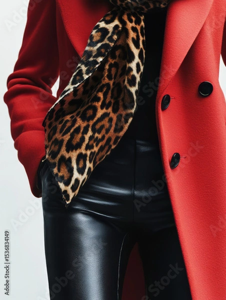 Fototapeta Luxurious Red Wool Coat with Leopard Print Scarf and Black Leather Fashion Editorial
