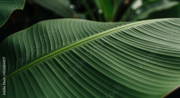 Fototapeta Intricate banana leaf veins creating geometric patterns in lush tropical botanical setting