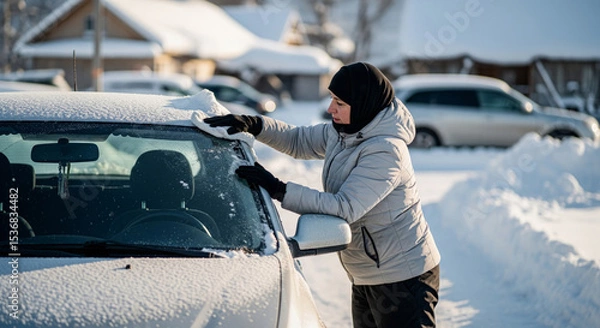 Fototapeta Winter Morning Routine: Person Scraping Ice From Car Windshield in Snowy Residential Area
