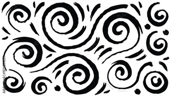 Fototapeta Black brush strokes and swirls scattered randomly on a white background creating a simple pattern