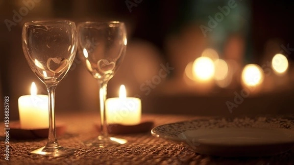 Fototapeta Cozy intimate dining setting with elegant heart-etched wine glasses, lit candles in wooden holders, warm golden glow, soft brown woven table mat, dreamy bokeh background.