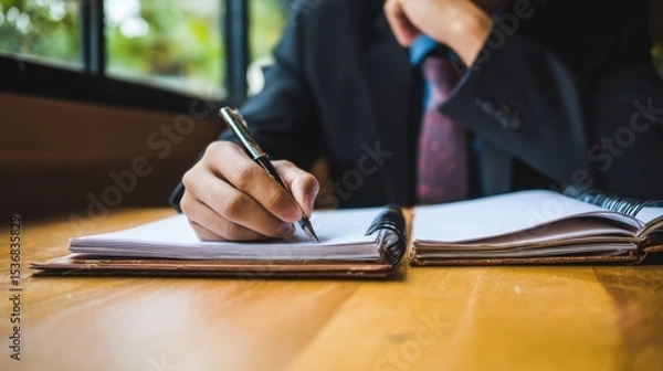 Fototapeta Professional individual in a dark suit and patterned tie writing diligently in a leather-bound notebook at a wooden table, natural light from a window with blurred greenery outside.