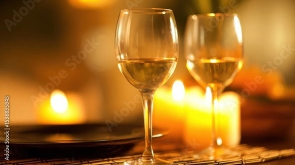 Fototapeta Elegant wine glasses with pale yellow wine on woven placemat, softly glowing candles casting warm golden-orange light, creating cozy intimate dining atmosphere.