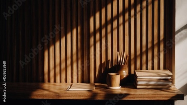 Fototapeta Warm golden sunlight illuminates a minimalist wooden shelf with a closed notebook, earth-toned cup on saucer, terracotta vase holding wooden brushes, and neat stack of light-colored books.