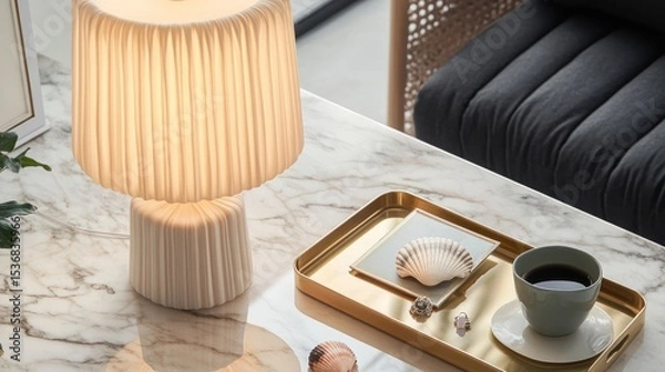 Fototapeta A cream-colored pleated lamp on a marble table