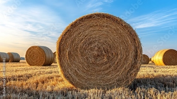 Obraz Round bales of straw in a golden field under a clear sky.