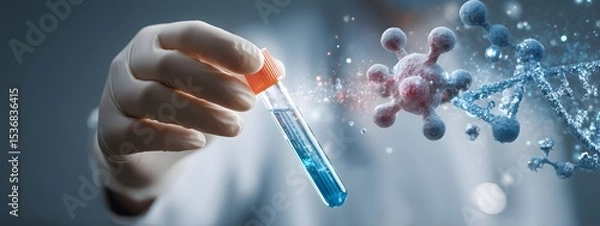Fototapeta A scientist in a lab coat examining a medical testing tube filled with a transparent liquid surrounded by scientific equipment and microscopic molecular structures