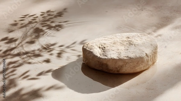 Fototapeta A smooth weathered stone resting peacefully on the surface of calm reflective waters surrounded by a natural earthy backdrop