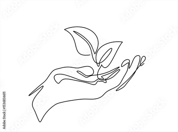 Obraz Hand holding plant with leaf in one continuous line drawing. Sprout tree and gardening symbol in simple linear style. Organic farm concept. Hand drawn one line vector. Editable stroke	