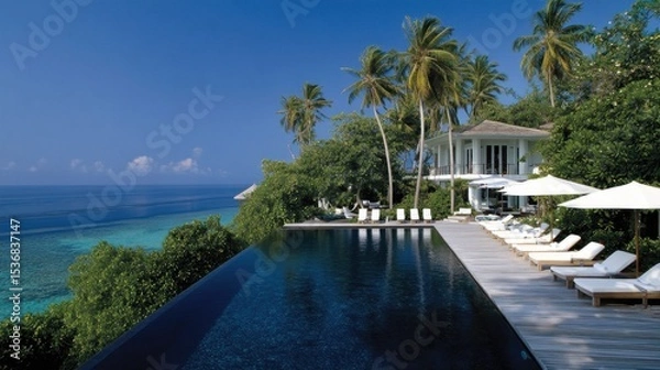 Obraz Luxurious infinity pool overlooking a tropical ocean.