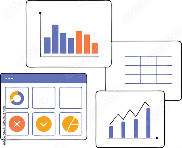 Fototapeta Colorful data visualization elements with charts diagrams and window ui interface