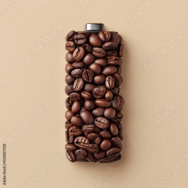 Fototapeta Close up of roasted coffee beans carefully arranged in the distinctive shape of a charging battery symbolizing the energizing power of caffeine