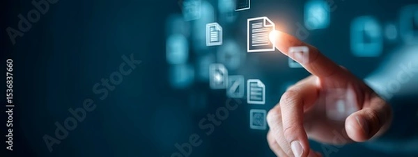 Fototapeta Close up shot of a hand interacting with a digital document management interface surrounded by futuristic technological elements and blurred backgrounds showcasing the power of modern digital systems