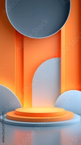 Fototapeta A sleek and modern composition featuring a podium like platform with geometric shapes in shades of orange and grey against a gradient background