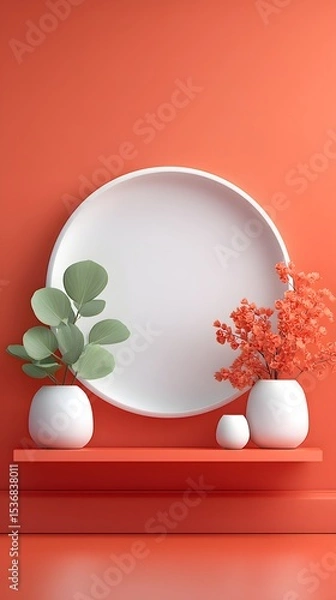 Fototapeta A sleek white circular mirror surrounded by a simple arrangement of potted plants and ceramic vases creating a harmonious and tranquil minimalist display on a red shelf