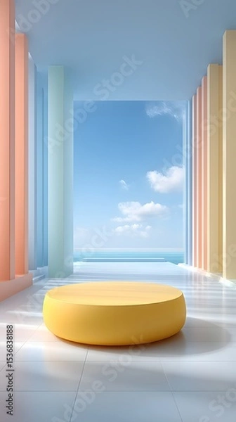 Fototapeta A modern pastel colored architectural space with a striking yellow circular pedestal in the foreground bathed in natural light from the large