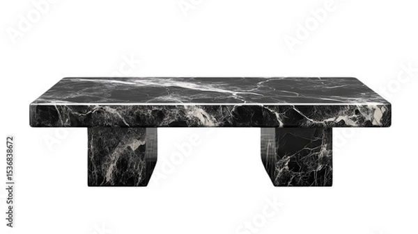 Fototapeta Modern sleek black marble coffee table showcasing elegant craftsmanship in a minimalist living room setting, bathed in warm natural light during daytime.