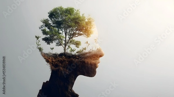 Fototapeta In this surreal double exposure image a human face blends seamlessly with a lush verdant landscape