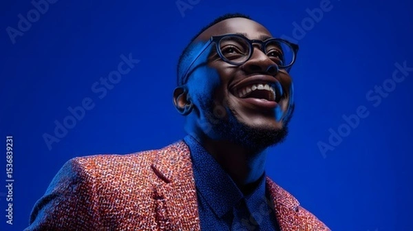 Fototapeta Portrait of a confident smiling motivational speaker wearing glasses and a professional suit exuding enthusiasm and