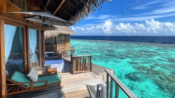Obraz Oceanfront balcony with turquoise waters and wooden structures.